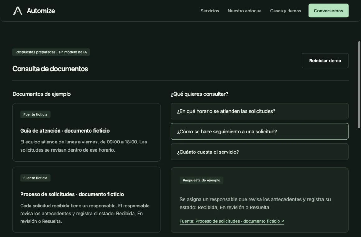 Captura de la demo: documentos ficticios, preguntas y respuesta con fuente.
