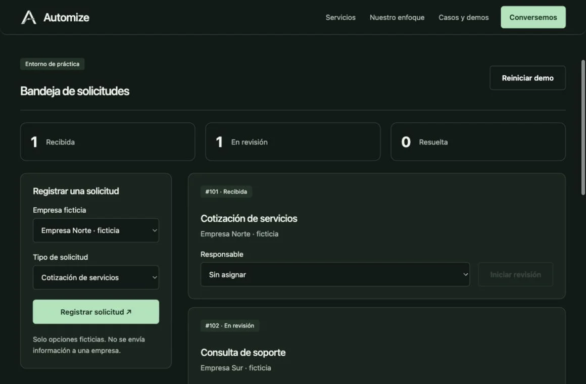 Captura de la demo: bandeja con solicitudes, responsables y estados.